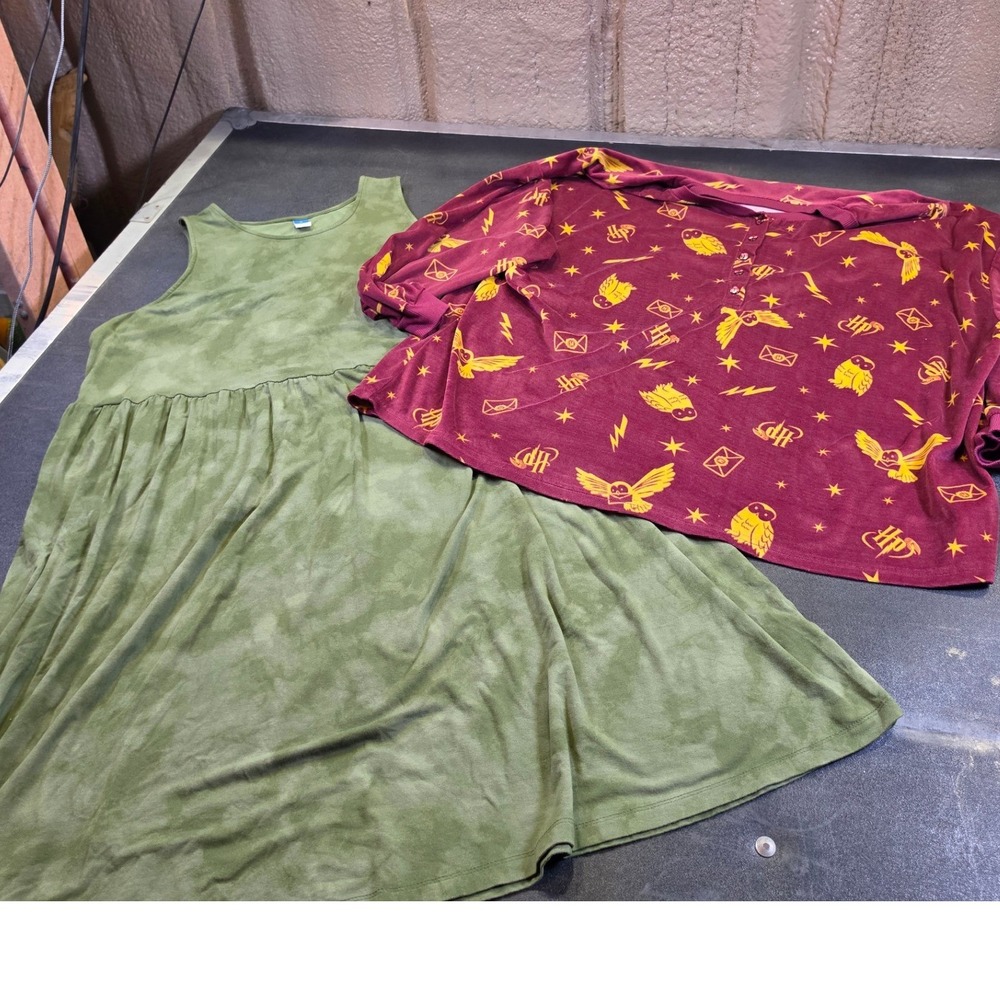 Old Navy Green Tie Dye Dress & Harry Potter Maroon Pajama Top Womens L XL